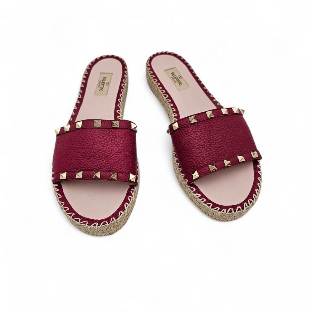 Valentino Garavani Rockstud Espadrille Slide Sandal Red Leather Size 41 US 11